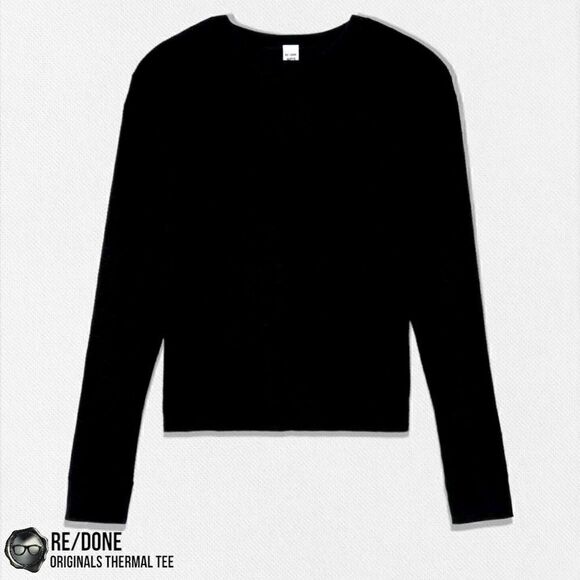RE/DONE ORIGINALS WOMEN’S THERMAL KNIT LONG SLEEVE TEE SHIRT IN BLACK SIZE SMALL - Picture 9 of 13